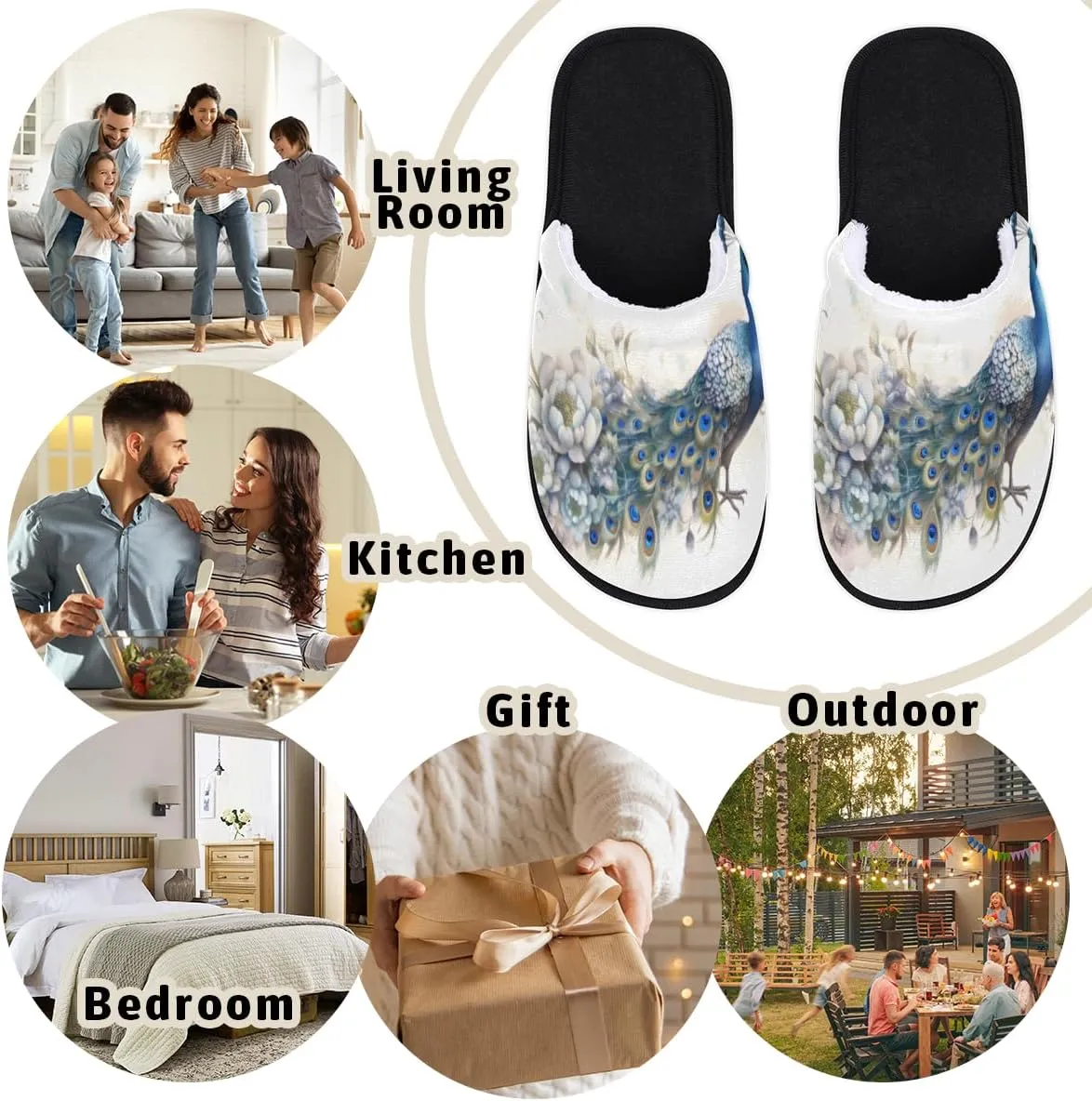 Peacock Feather Slippers for Women Men, Animal Flower House Slippers Soft Fluffy Warm Slip On Slippers Cozy Indoor Slippers Non-Slip Home Shoes, X-Small