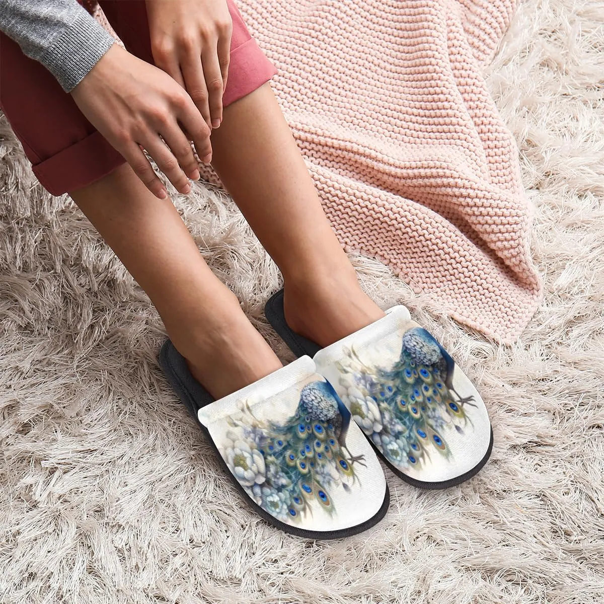 Peacock Feather Slippers for Women Men, Animal Flower House Slippers Soft Fluffy Warm Slip On Slippers Cozy Indoor Slippers Non-Slip Home Shoes, X-Small