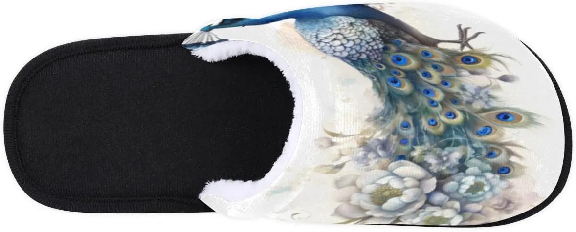Peacock Feather Slippers for Women Men, Animal Flower House Slippers Soft Fluffy Warm Slip On Slippers Cozy Indoor Slippers Non-Slip Home Shoes, X-Small