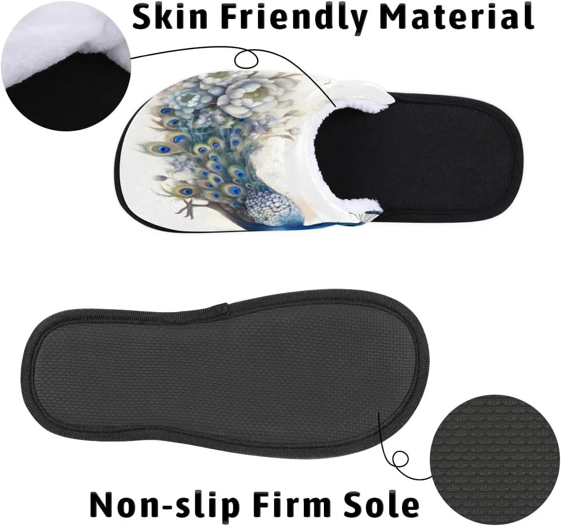 Peacock Feather Slippers for Women Men, Animal Flower House Slippers Soft Fluffy Warm Slip On Slippers Cozy Indoor Slippers Non-Slip Home Shoes, X-Small