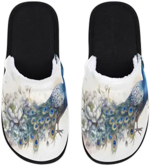 Peacock Feather Slippers for Women Men, Animal Flower House Slippers Soft Fluffy Warm Slip On Slippers Cozy Indoor Slippers Non-Slip Home Shoes, X-Small