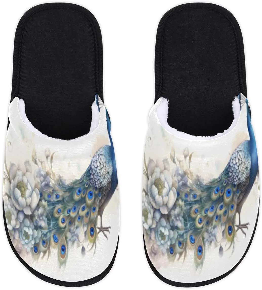 Peacock Feather Slippers for Women Men, Animal Flower House Slippers Soft Fluffy Warm Slip On Slippers Cozy Indoor Slippers Non-Slip Home Shoes, X-Small