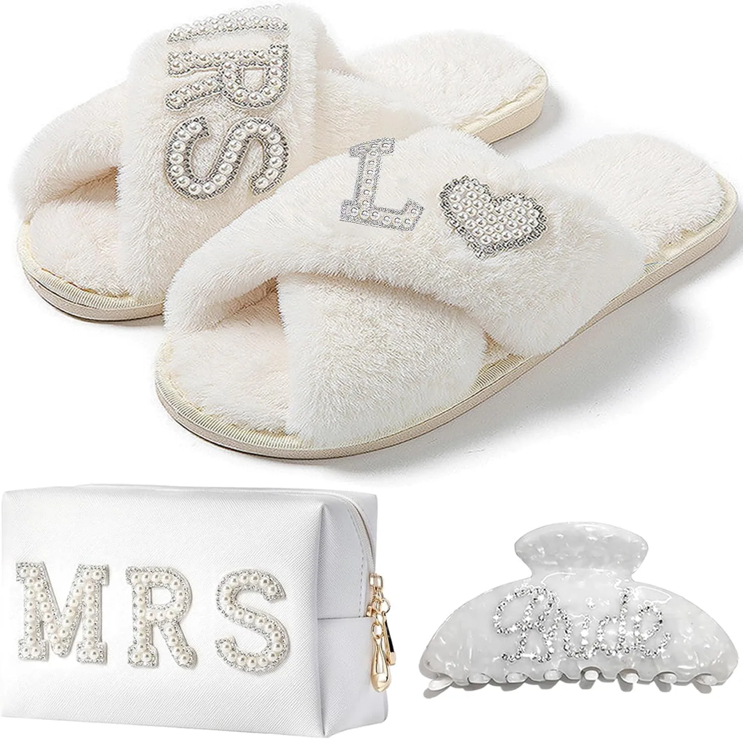 Personalized Initial Bridal Shower Gifts Box Set, Bride Slippers MRS Cosmetic Bag Bride Hair Clip Wedding Gifts for Bride, Bride to be Gifts bachelorette gifts