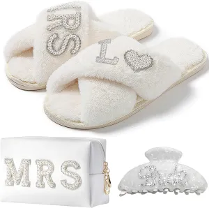 Personalized Initial Bridal Shower Gifts Box Set, Bride Slippers MRS Cosmetic Bag Bride Hair Clip Wedding Gifts for Bride, Bride to be Gifts bachelorette gifts