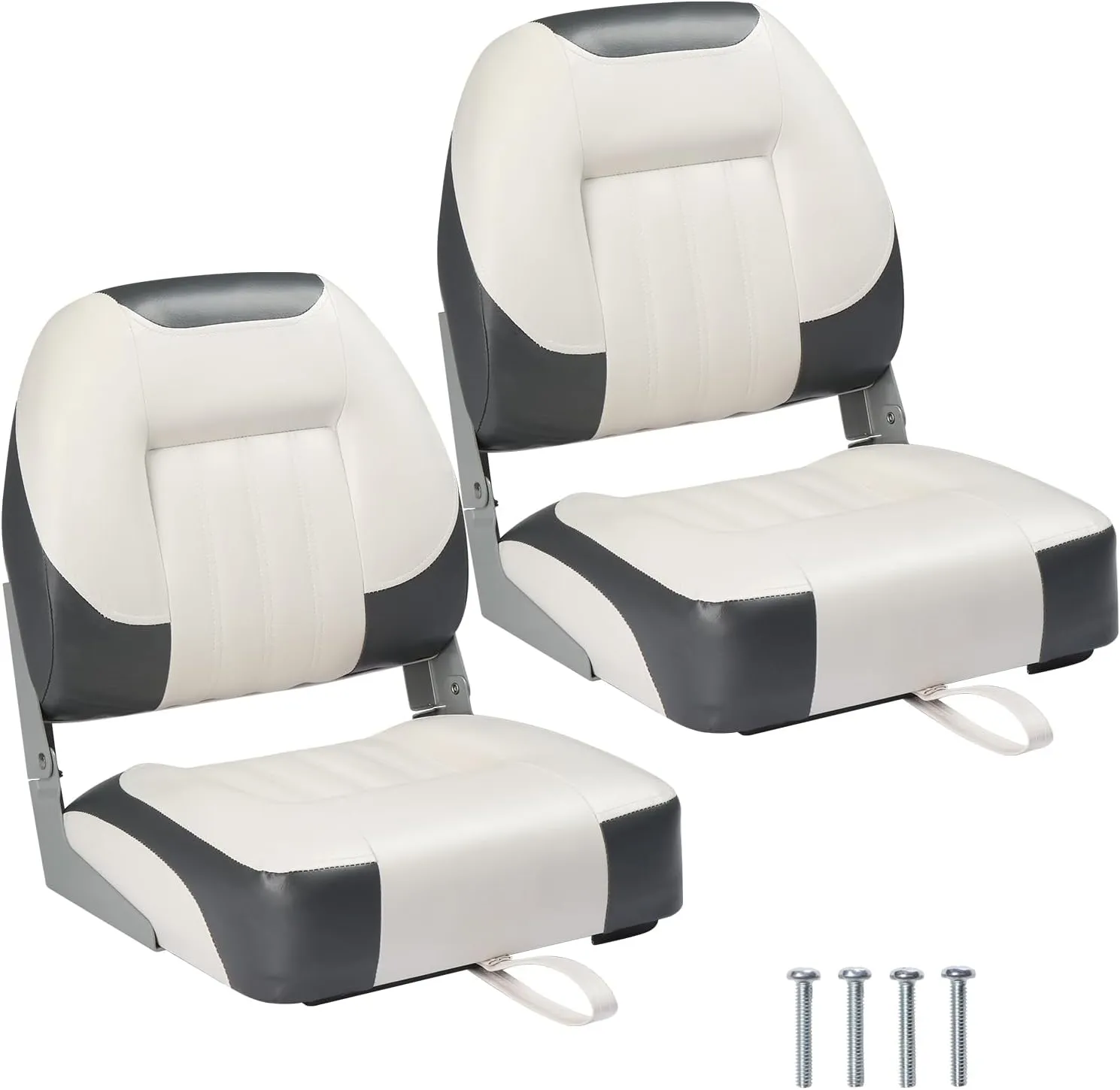 PEXMOR Boat Seats Low/High Back, Folding Boat Seat Included, Fold-Down Fishing Boat Seats Waterproof Captain Boat Seat w/Aluminum Hinges & Thick Soft Cushion, 2 Packs (Low Back-Grey & White)