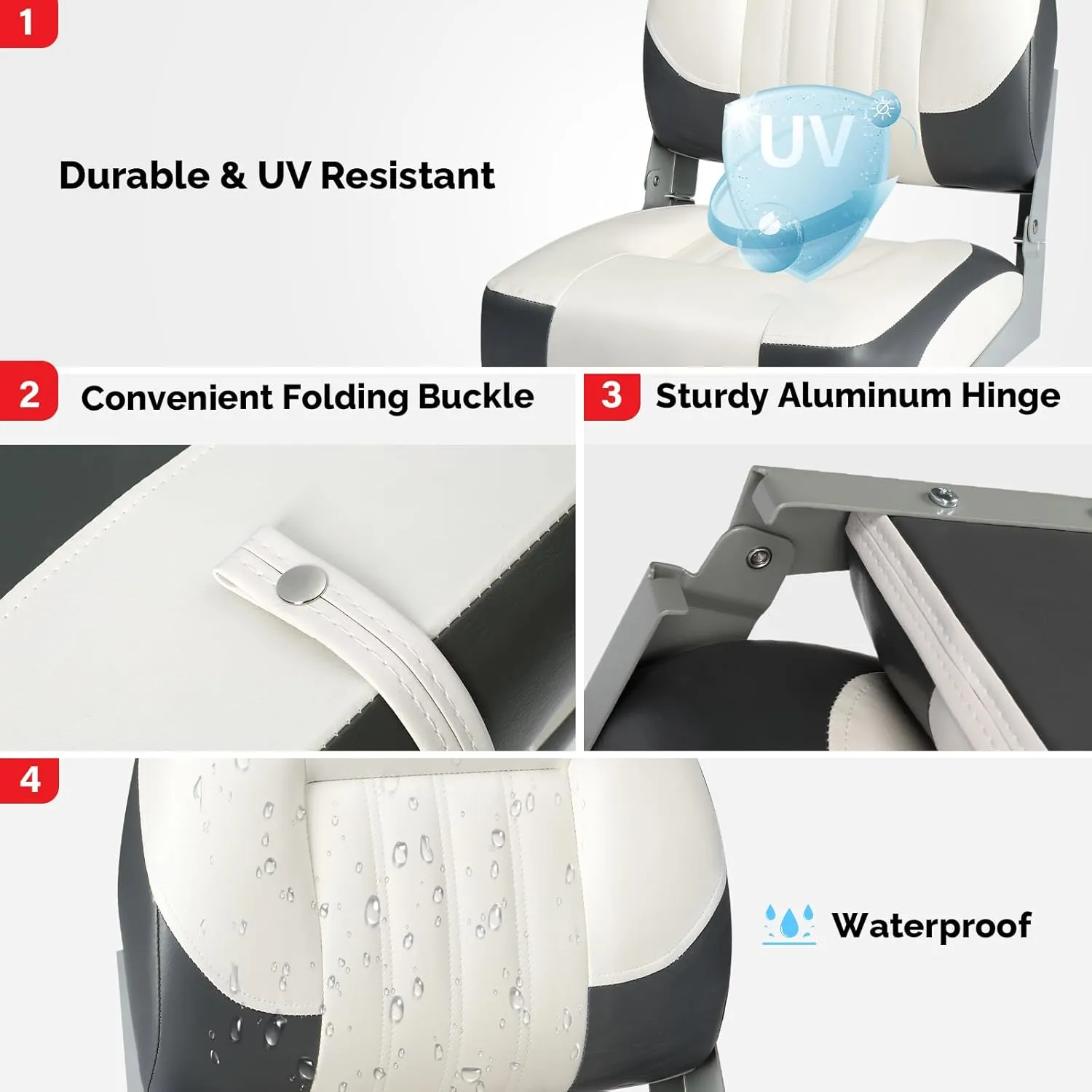 PEXMOR Boat Seats Low/High Back, Folding Boat Seat Included, Fold-Down Fishing Boat Seats Waterproof Captain Boat Seat w/Aluminum Hinges & Thick Soft Cushion, 2 Packs (Low Back-Grey & White)