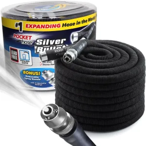 Pocket Hose Silver Bullet 100 ft Turbo Shot Nozzle Multiple Spray Patterns Expandable Garden Hose 3/4 in Solid Aluminum Fittings Lead-Free Lightweight and No-Kink, Black