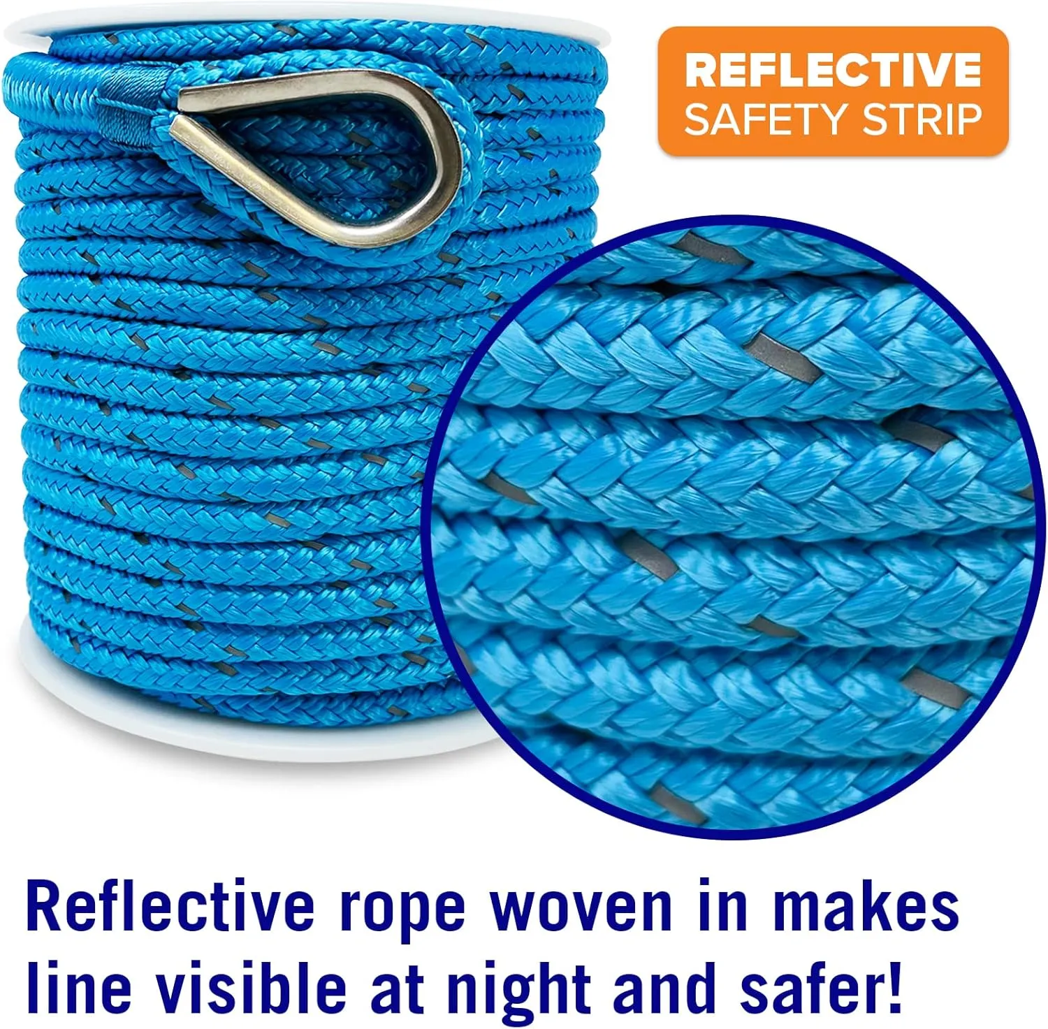 Premium Boat Anchor Rope, 100 Ft Double Braided Blue Nylon Marine Line, 3/8 Inch Reel for Anchors and Boats