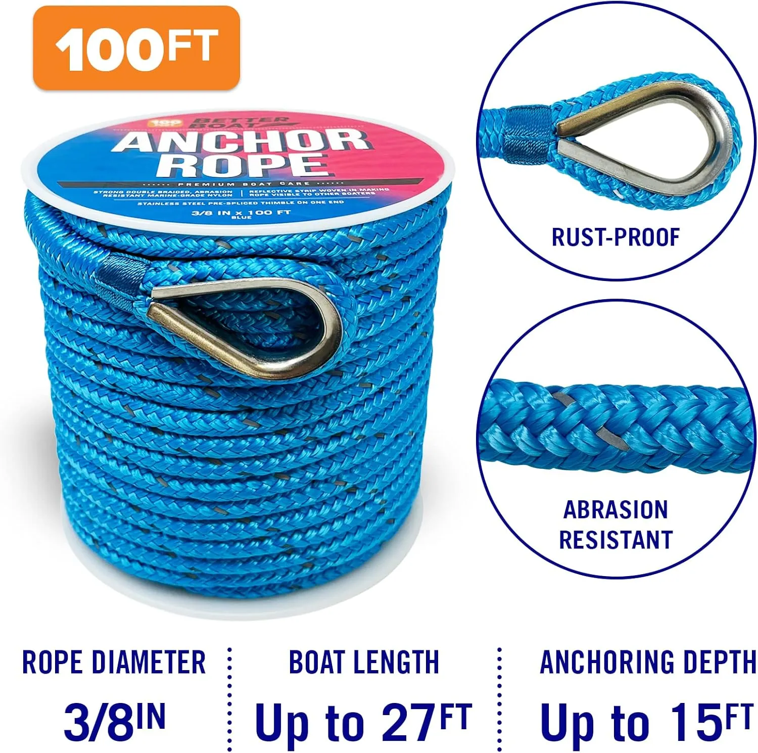 Premium Boat Anchor Rope, 100 Ft Double Braided Blue Nylon Marine Line, 3/8 Inch Reel for Anchors and Boats