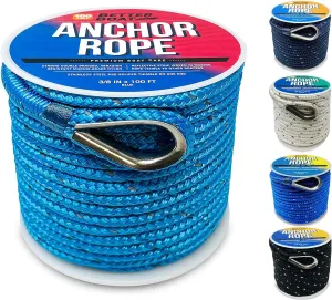 Premium Boat Anchor Rope, 100 Ft Double Braided Blue Nylon Marine Line, 3/8 Inch Reel for Anchors and Boats