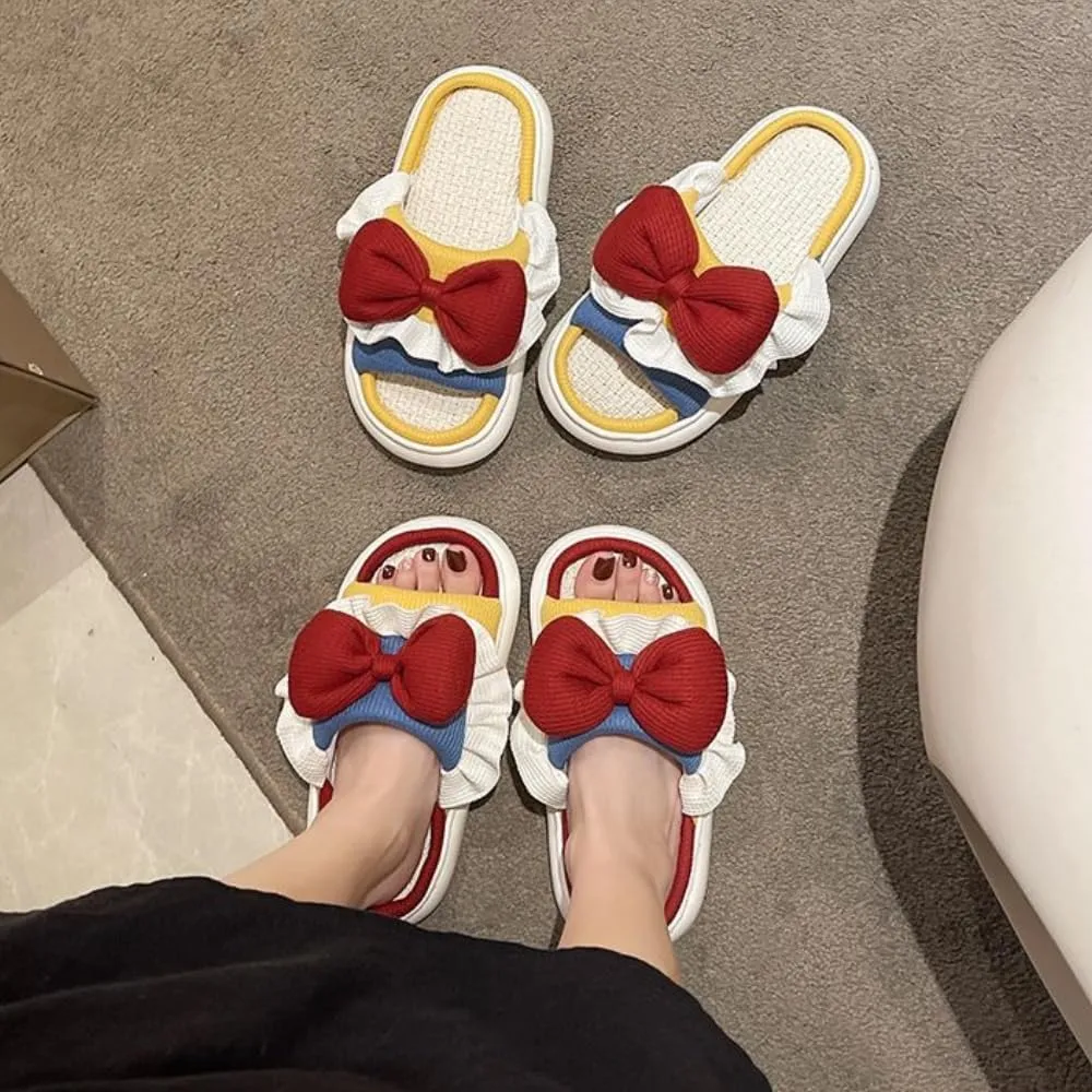 Premium Comfort All Seasons Princess Bow Ruffled Linen Thick Sole Women's House Slippers Indoor Soft Home Slip On Shoes