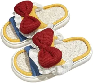 Premium Comfort All Seasons Princess Bow Ruffled Linen Thick Sole Women's House Slippers Indoor Soft Home Slip On Shoes
