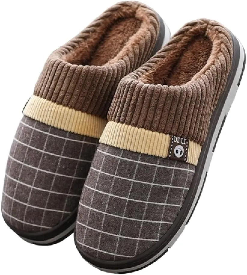 Premium Comfort Thermal Checker Plaid Non Slip Men's Fuzzy House Slippers Inddor Soft Warm Furry Shoes Plus Size