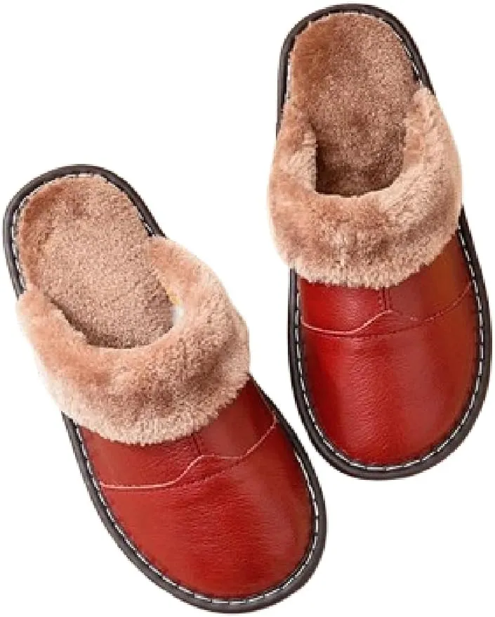 Premium Comfort Thermal Leather Furry Edge Non Slip Women's Fuzzy House Slippers Indoor Soft Warm Shoes With Designs