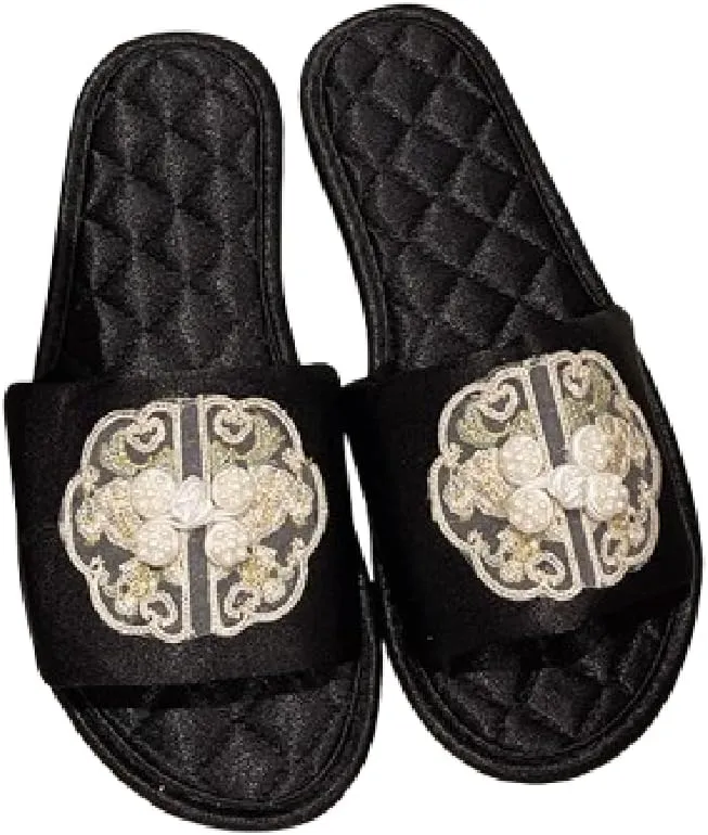 Premium Luxury Satin Silk Vintage Embroidery All Seasons Comfort Women's House Slippers Non Slip Indoor Soft Home Slip On Shoes