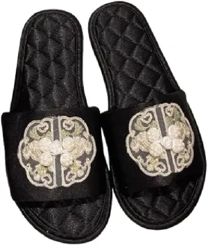 Premium Luxury Satin Silk Vintage Embroidery All Seasons Comfort Women's House Slippers Non Slip Indoor Soft Home Slip On Shoes