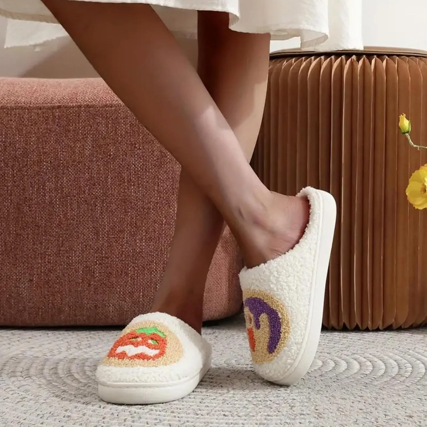 Pumpkin Slippers for Women Men Halloween Slippers Spooky Slides Soft Warm Plush House Shoes