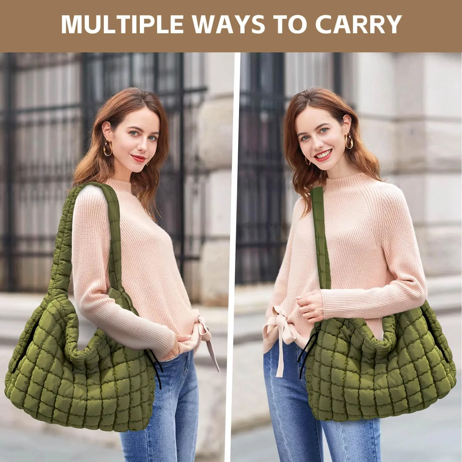 Quilted Tote Bag, Puffer Bag for Women, Large Puffy Shoulder Bag, Lightweight Checkered Purse, Soft Padded Hobo Bag