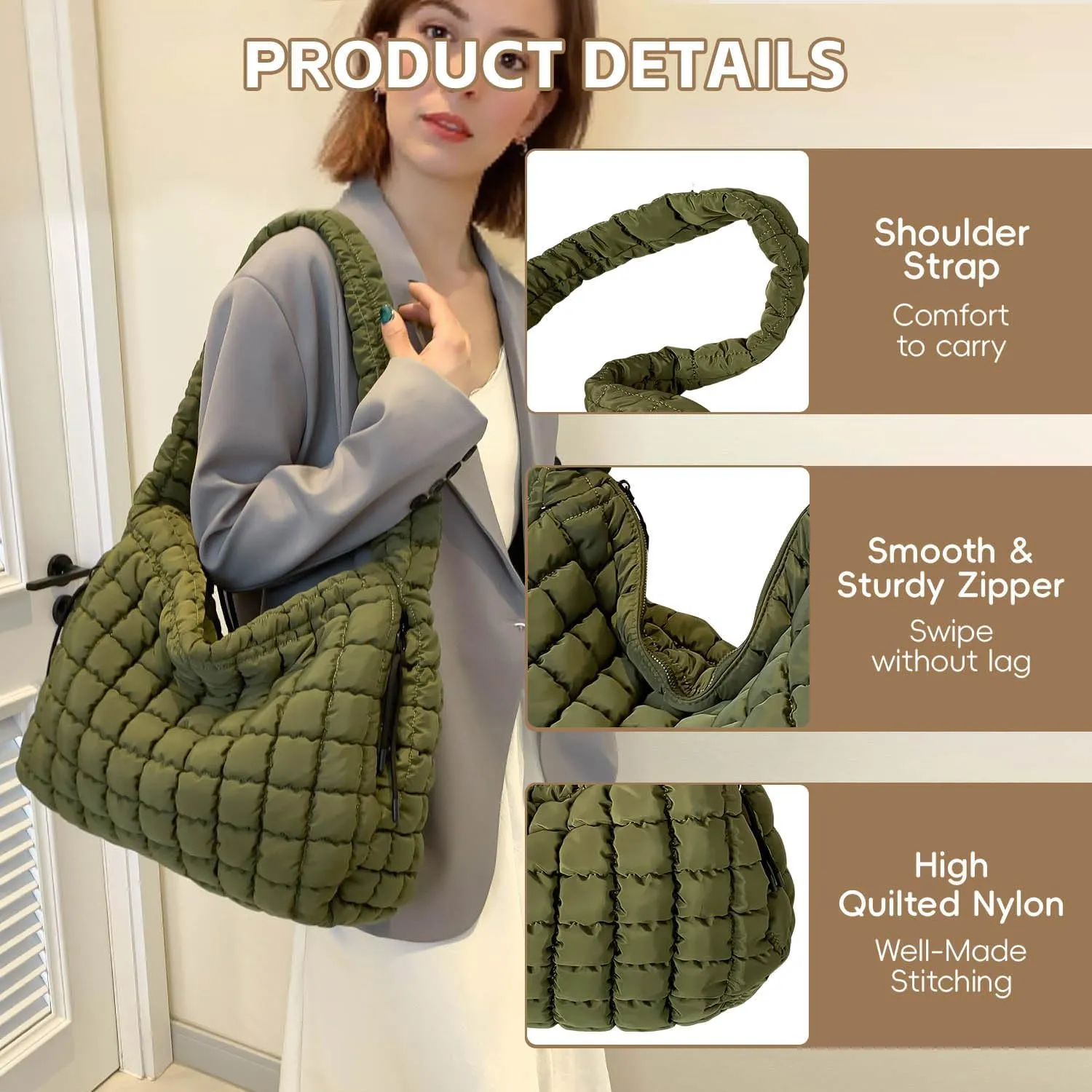 Quilted Tote Bag, Puffer Bag for Women, Large Puffy Shoulder Bag, Lightweight Checkered Purse, Soft Padded Hobo Bag