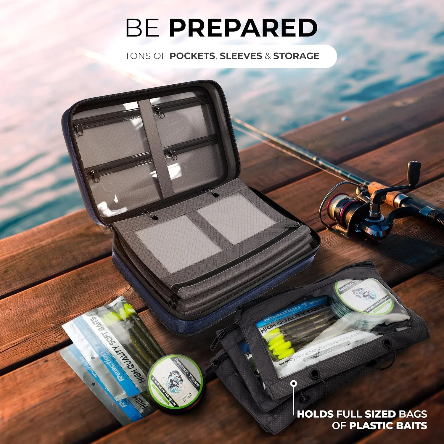 Reaction Tackle Deluxe Bait Binder – Water-Resistant Soft Plastic Bait Storage Bag, Saltwater & Freshwater Fishing Tackle Organizer, Lure Bag for Bass, Kayak, and Boat Fishing