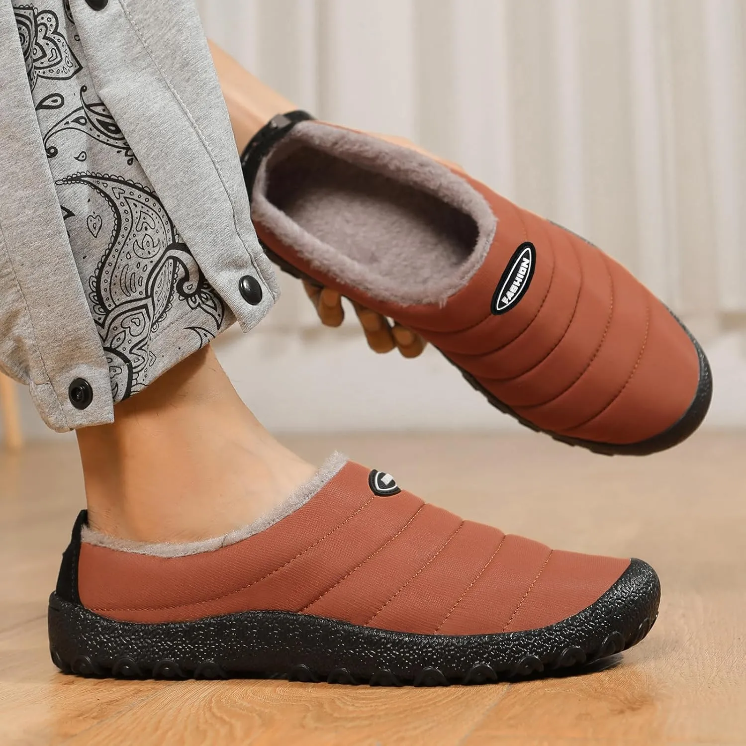 Rojeam Mens Womens Winter Warm Slippers Fur Lined House Shoes Non-Slip for Indoor Outdoor