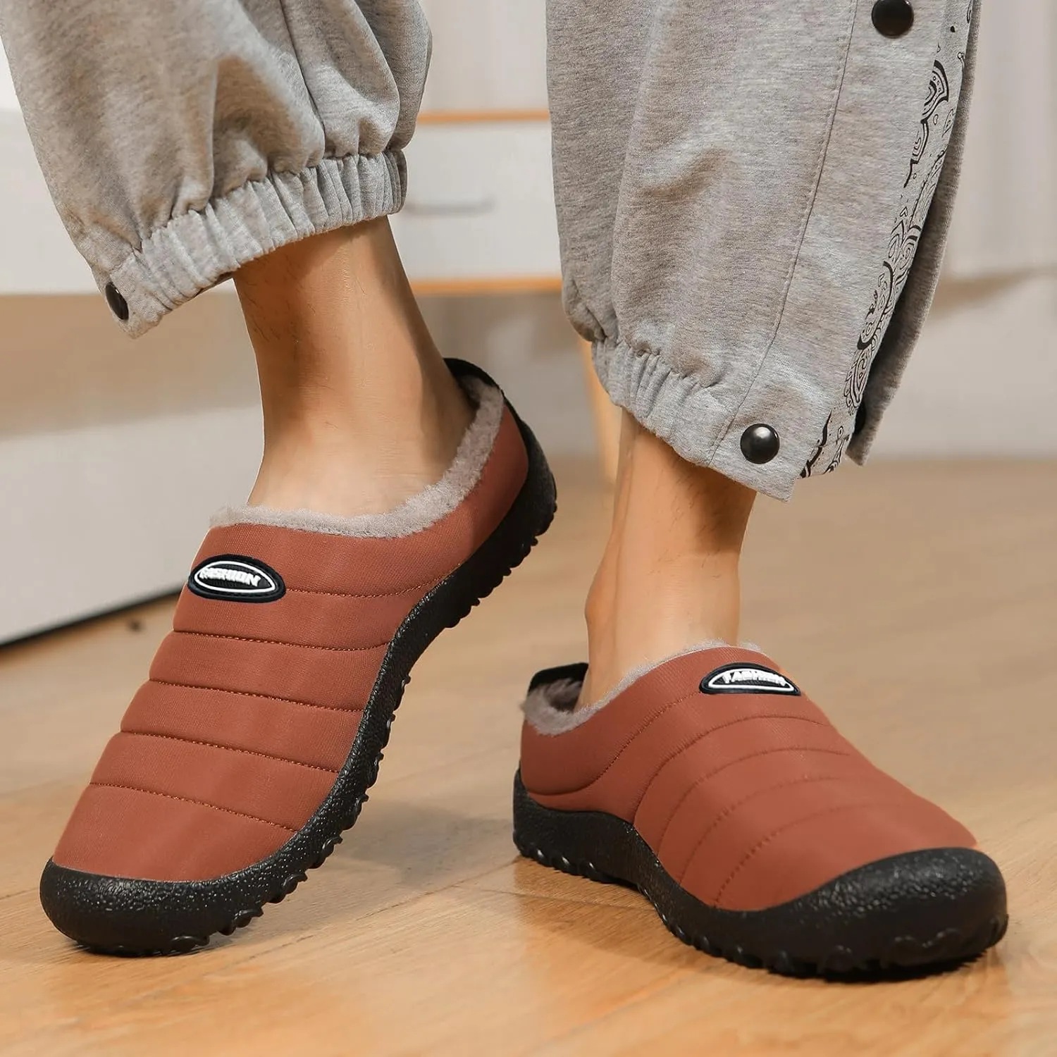 Rojeam Mens Womens Winter Warm Slippers Fur Lined House Shoes Non-Slip for Indoor Outdoor