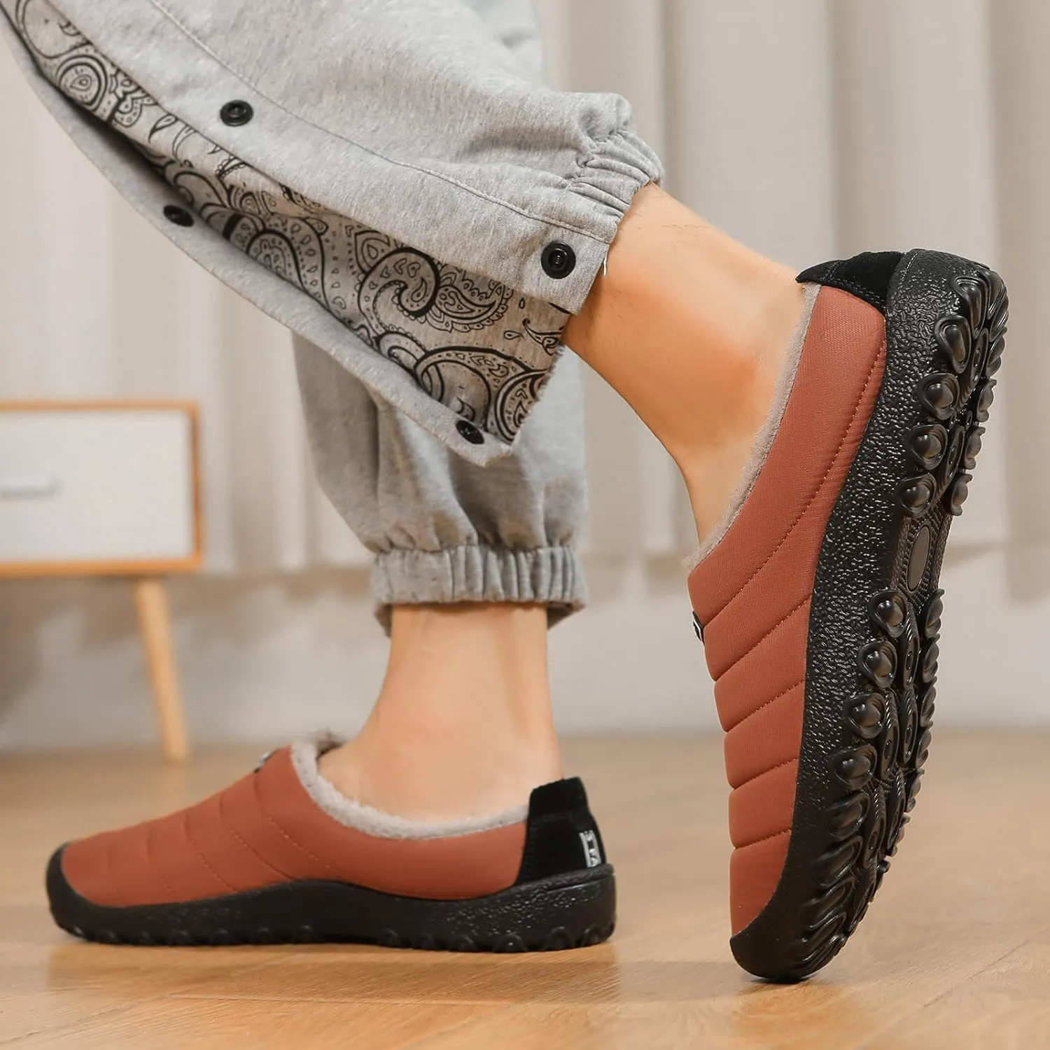 Rojeam Mens Womens Winter Warm Slippers Fur Lined House Shoes Non-Slip for Indoor Outdoor