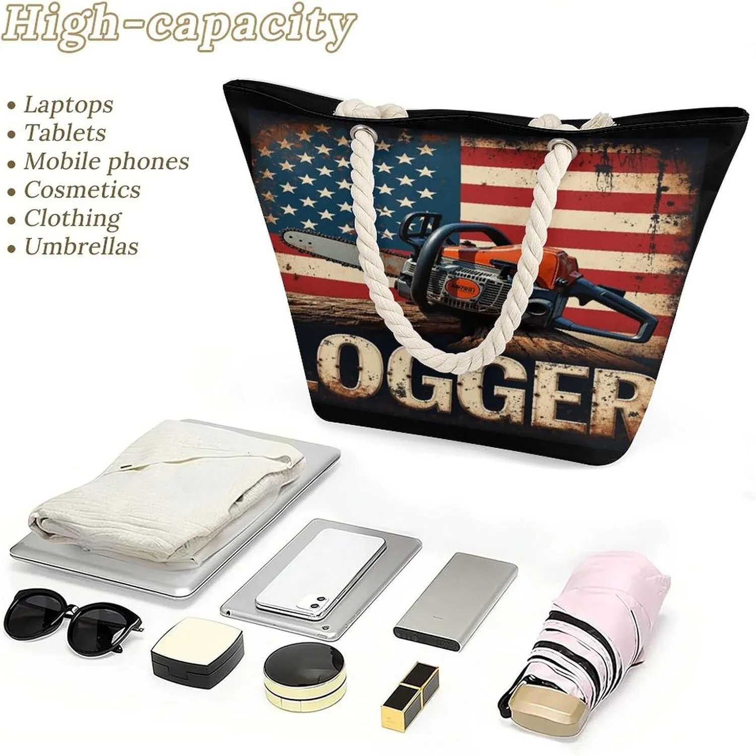 Rope Bag Women Men Beach Tote Bag with Hemp Rope Handle Top Zipper Boat Bag Large Capacity Handbag
