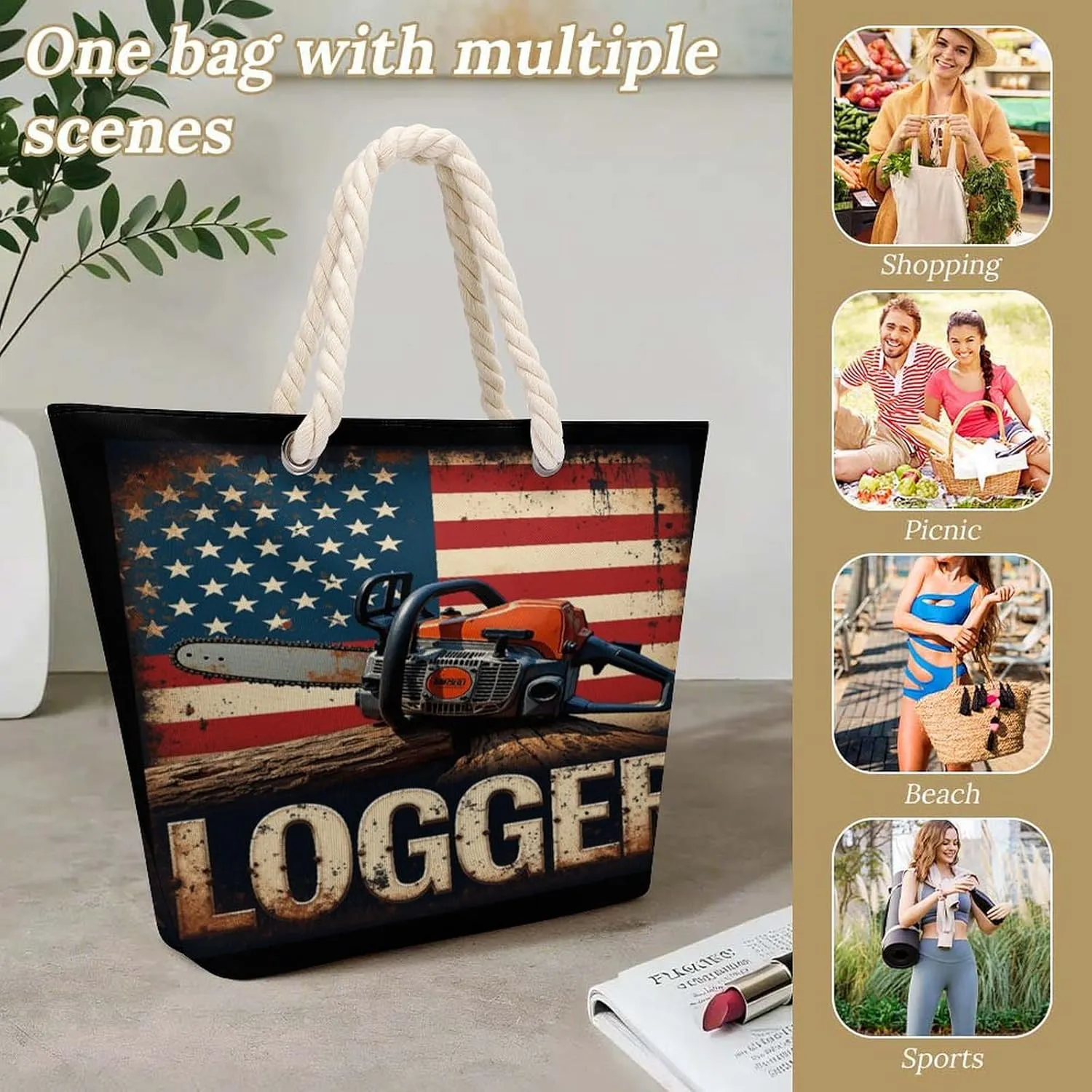 Rope Bag Women Men Beach Tote Bag with Hemp Rope Handle Top Zipper Boat Bag Large Capacity Handbag