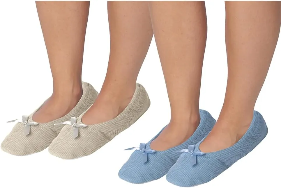 Roxoni Women's Terry Classic Cotton & Velour Ballerina Slippers (Pack of 2)