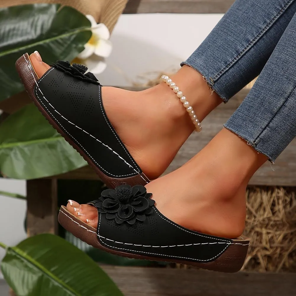 Rungion Womens Summer Beach Sandals Wedge Low Open Toe Slides Ladies Dressy Sandals Slipper Platform Comfortable Flower Sandals