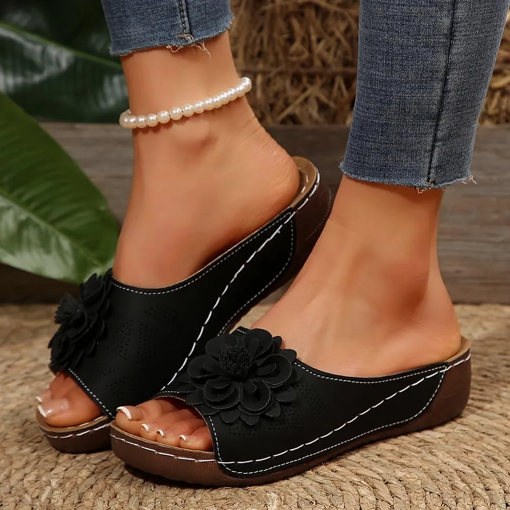 Rungion Womens Summer Beach Sandals Wedge Low Open Toe Slides Ladies Dressy Sandals Slipper Platform Comfortable Flower Sandals