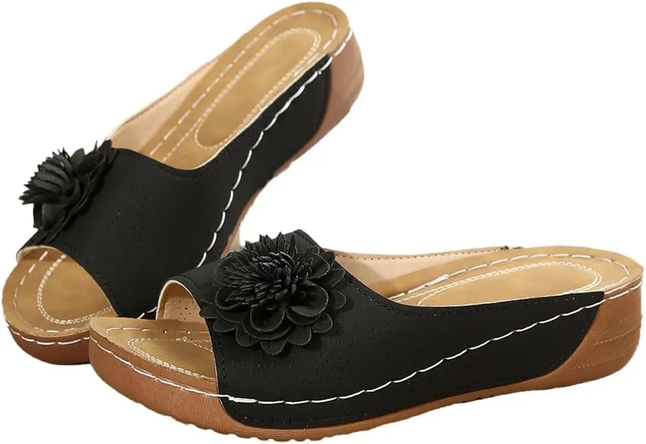 Rungion Womens Summer Beach Sandals Wedge Low Open Toe Slides Ladies Dressy Sandals Slipper Platform Comfortable Flower Sandals