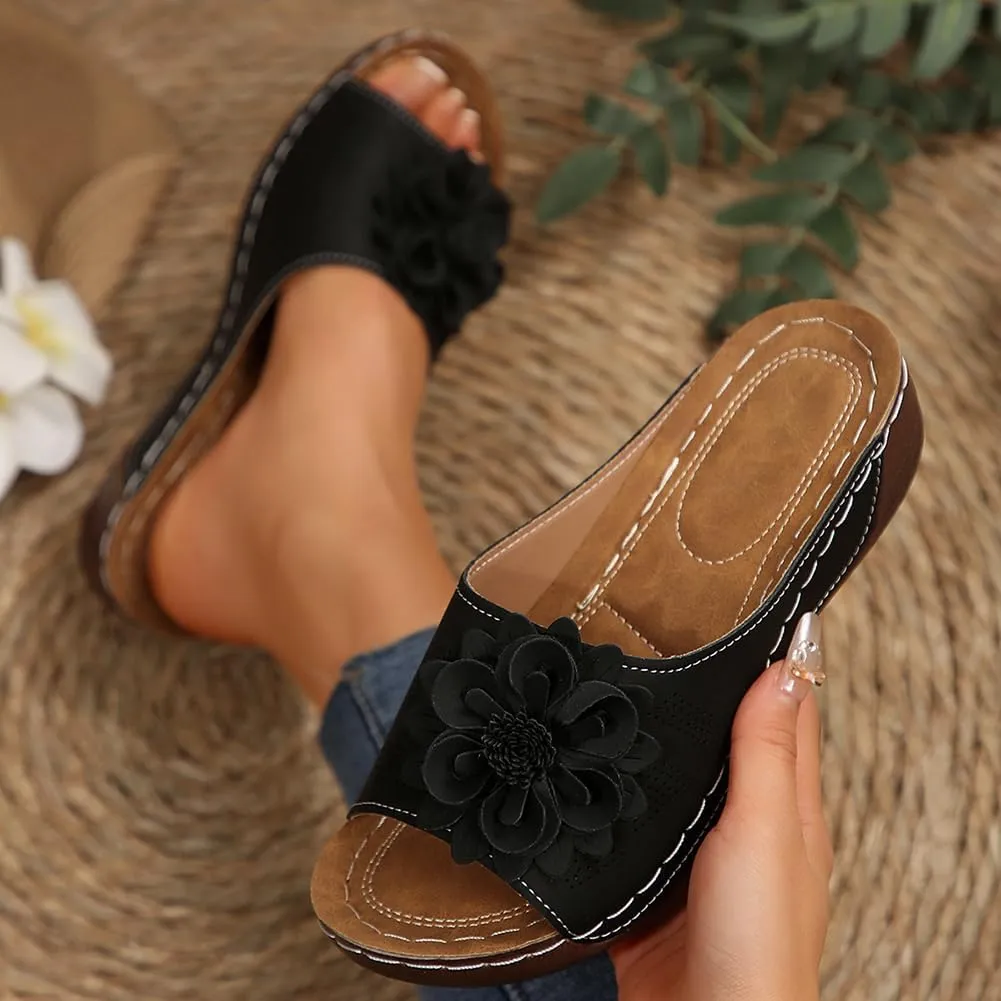 Rungion Womens Summer Beach Sandals Wedge Low Open Toe Slides Ladies Dressy Sandals Slipper Platform Comfortable Flower Sandals