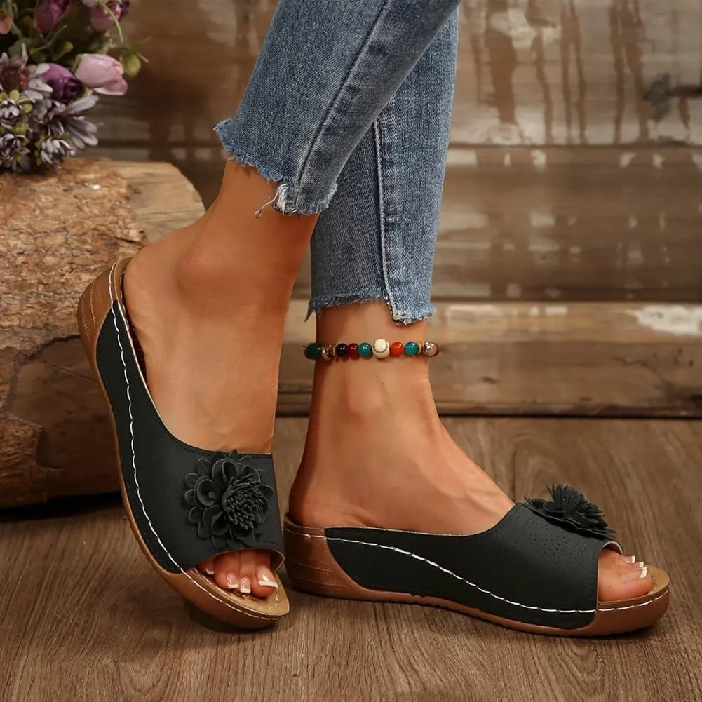 Rungion Womens Summer Beach Sandals Wedge Low Open Toe Slides Ladies Dressy Sandals Slipper Platform Comfortable Flower Sandals