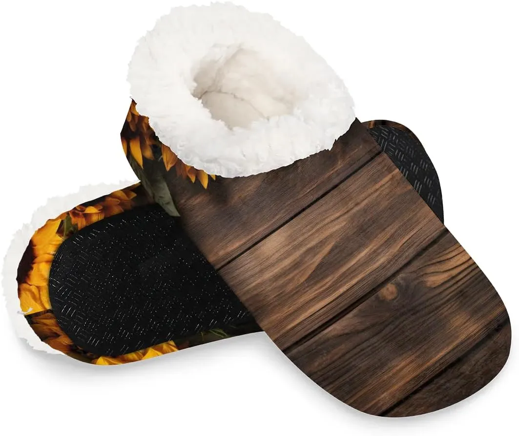 Rustic Farmhouse Sunflower Flower Women's Soft Slippers Fuzzy Slip On House Slippers for Winter Bedroom Outdoor with Fleece Lining