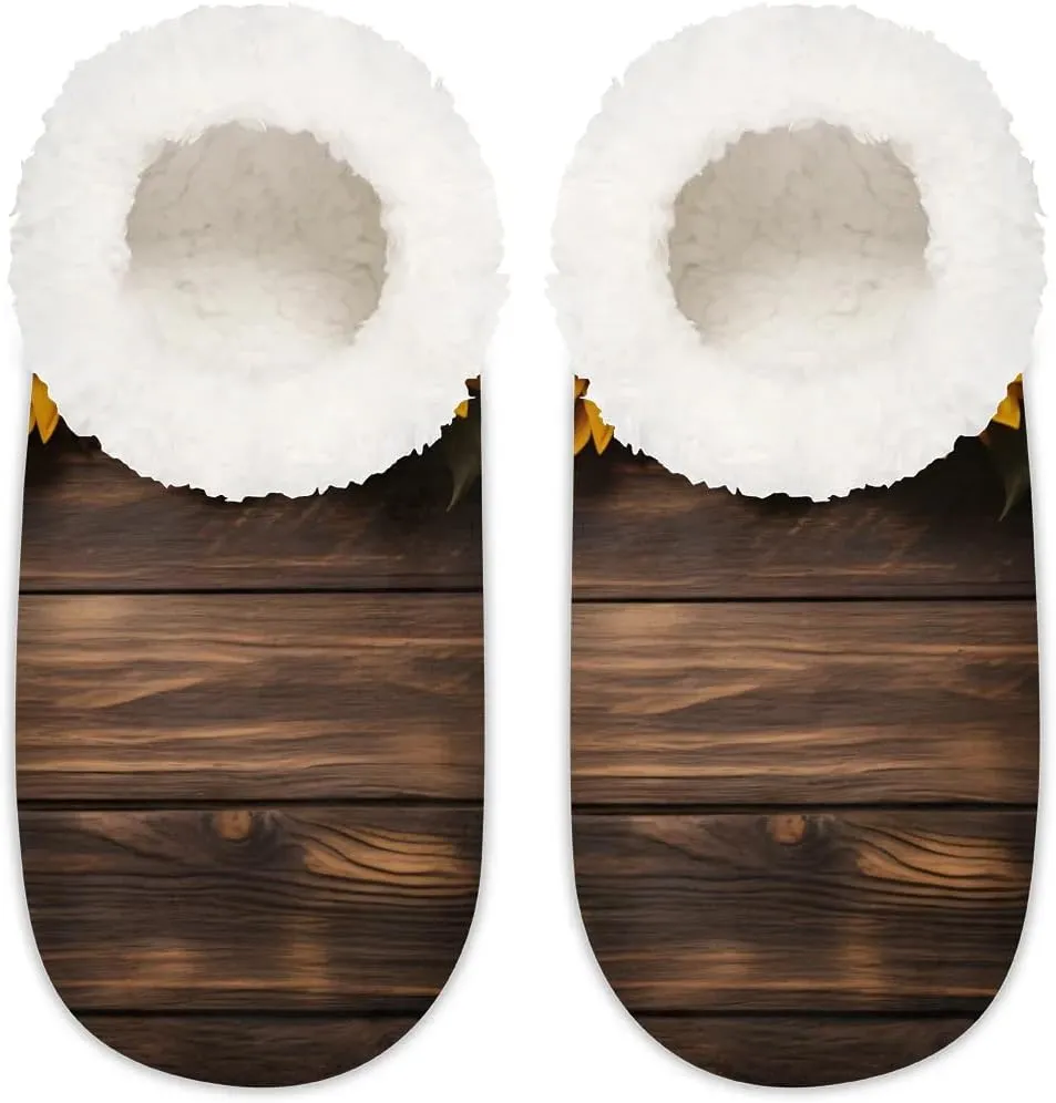 Rustic Farmhouse Sunflower Flower Women's Soft Slippers Fuzzy Slip On House Slippers for Winter Bedroom Outdoor with Fleece Lining