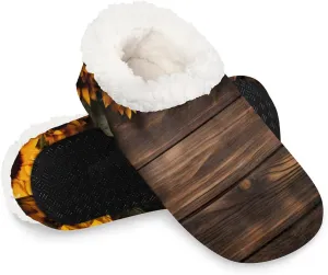 Rustic Farmhouse Sunflower Flower Women's Soft Slippers Fuzzy Slip On House Slippers for Winter Bedroom Outdoor with Fleece Lining