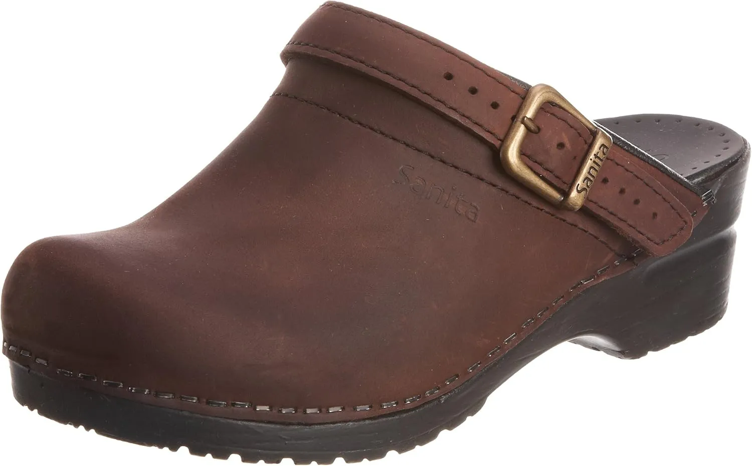 Sanita Morse Open Clog, Oiled Leather, Original Handmade, Flexible Leather Clogs for Women, Anatomically Shaped Foot Bed with Soft Foam, Adjustable Heel Strap, Dark Brown, 7 Women