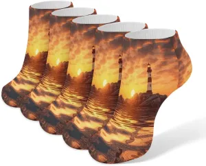 Sea Lighthouse in Sunset 5 Pairs Ankle Socks Comfort Athletic Socks Low Cut Breathable Casual Sock for Unisex