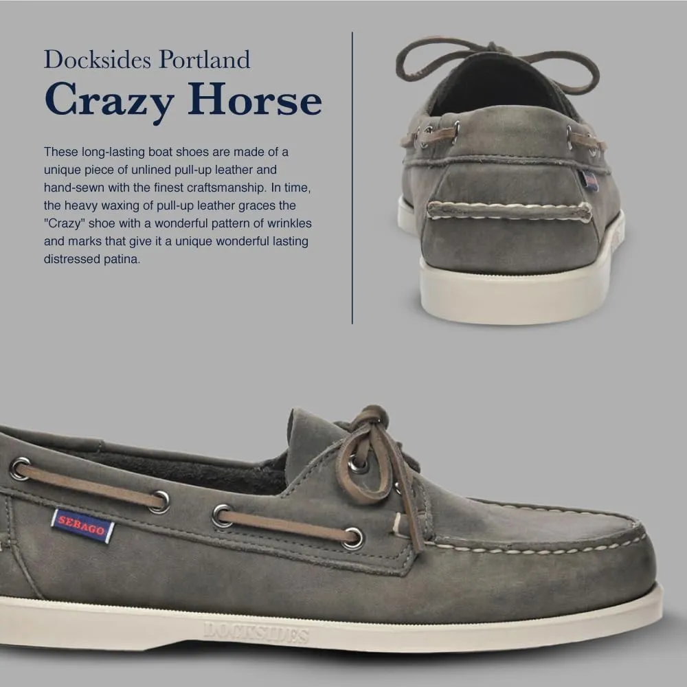 Sebago Portland Crazy H Boat Shoes - Patterned & Distressed Waxed Leather Mocassins with Leather Sock Lining & Non-Marking, Non-Slip Rubber Outsoles