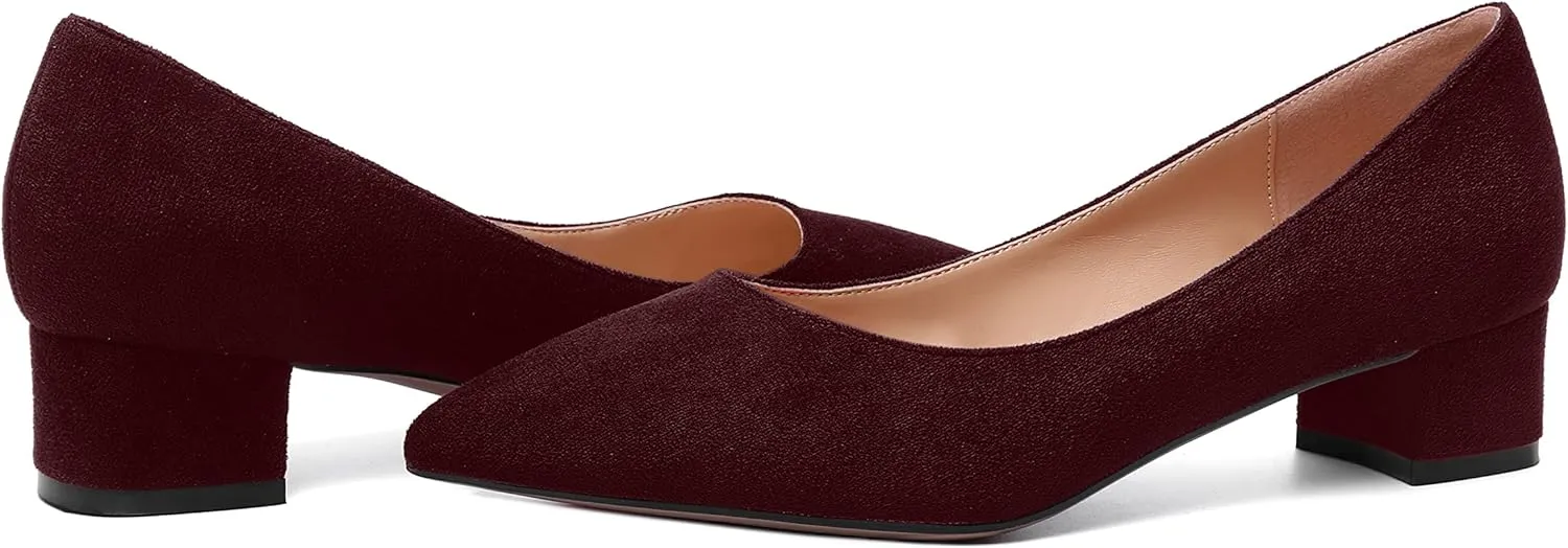 SHOWFOREST Womens Business Slip On Formal Suede Pointed Toe Solid Thick Chunky Low Heel Pumps Shoes 1.5 Inch