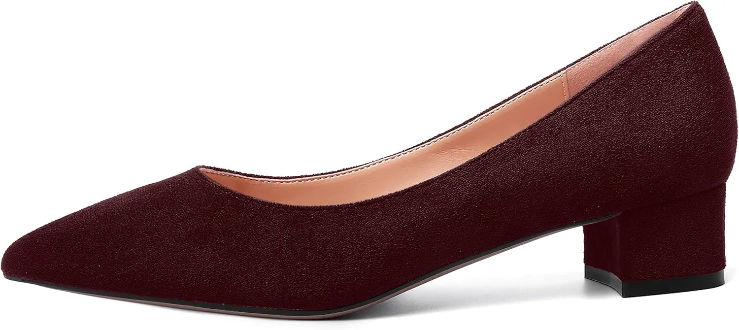 SHOWFOREST Womens Business Slip On Formal Suede Pointed Toe Solid Thick Chunky Low Heel Pumps Shoes 1.5 Inch