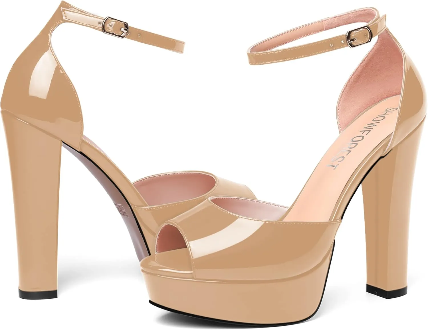 SHOWFOREST Womens Platform Patent Ankle Strap Sexy Buckle Peep Toe Night Club Block High Heel Pumps Shoes 5 Inch