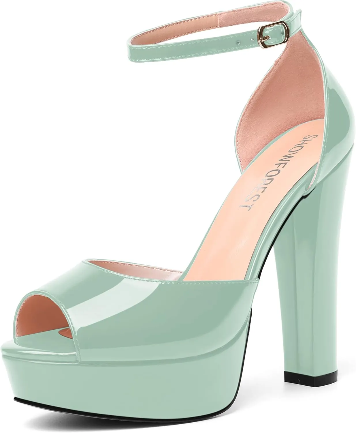 SHOWFOREST Womens Platform Patent Ankle Strap Sexy Buckle Peep Toe Night Club Block High Heel Pumps Shoes 5 Inch
