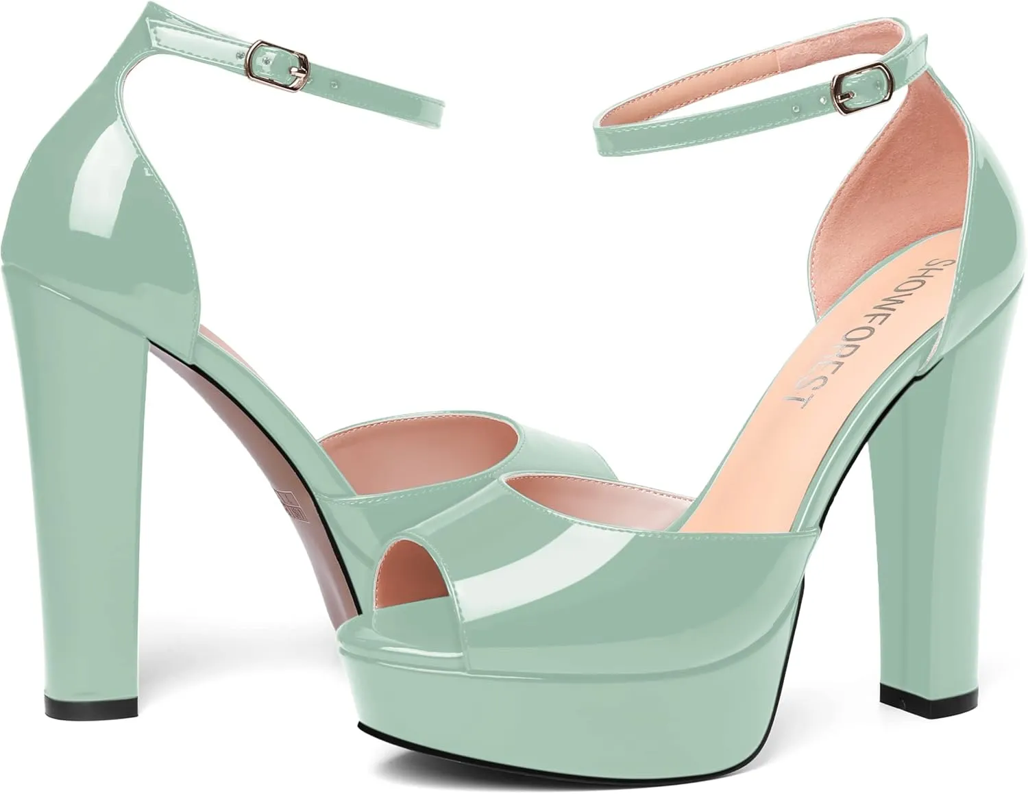 SHOWFOREST Womens Platform Patent Ankle Strap Sexy Buckle Peep Toe Night Club Block High Heel Pumps Shoes 5 Inch