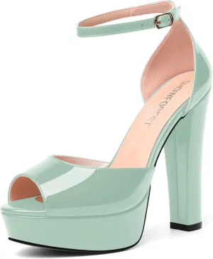 SHOWFOREST Womens Platform Patent Ankle Strap Sexy Buckle Peep Toe Night Club Block High Heel Pumps Shoes 5 Inch