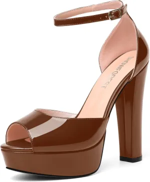 SHOWFOREST Womens Platform Patent Ankle Strap Sexy Buckle Peep Toe Night Club Block High Heel Pumps Shoes 5 Inch