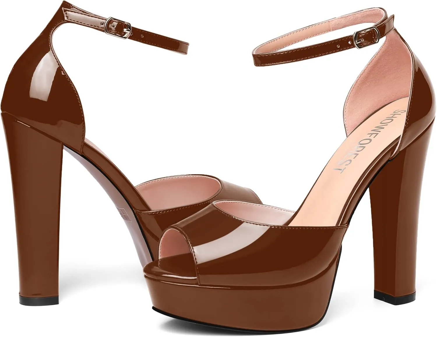 SHOWFOREST Womens Platform Patent Ankle Strap Sexy Buckle Peep Toe Night Club Block High Heel Pumps Shoes 5 Inch