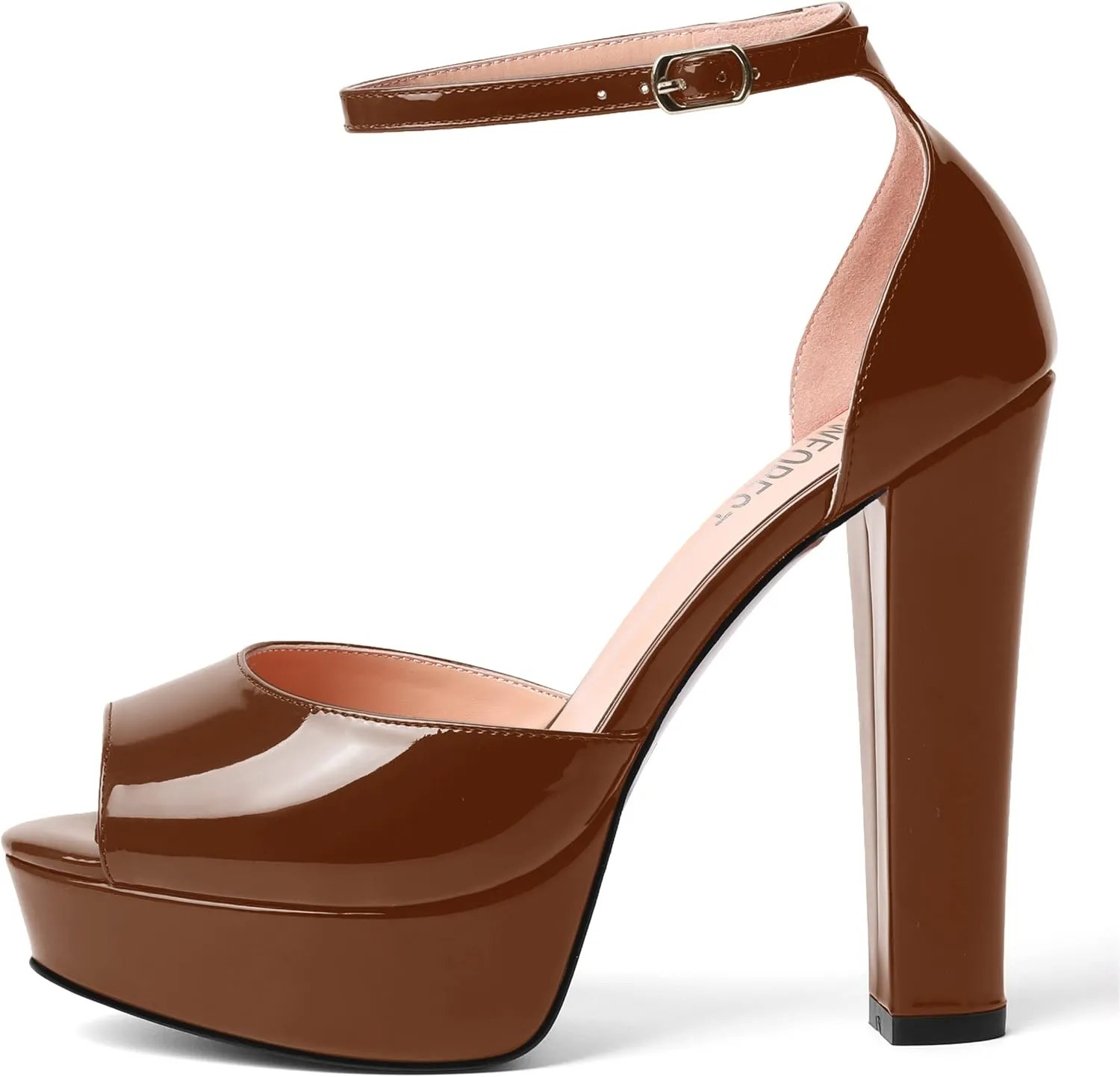 SHOWFOREST Womens Platform Patent Ankle Strap Sexy Buckle Peep Toe Night Club Block High Heel Pumps Shoes 5 Inch